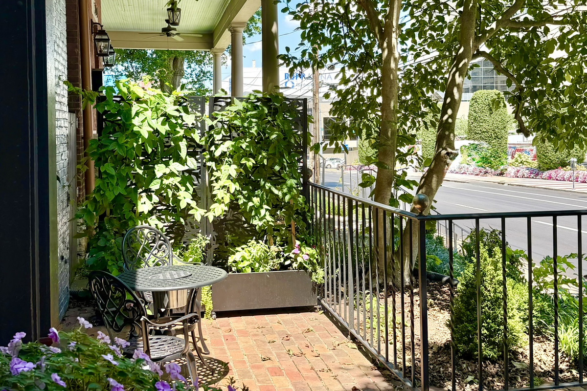 Our front patio is an urban oasis. Can you see the Rupp Arena sign?