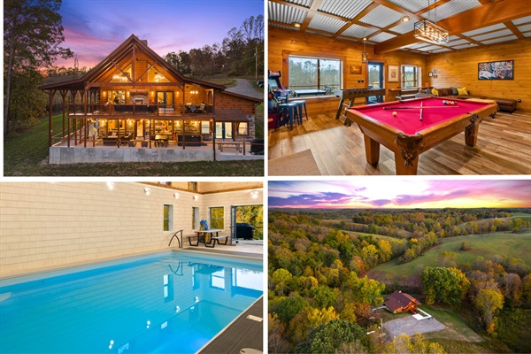 Luxury Hocking Hills Lodge for 20 — private heated indoor pool, game room, and 22 wooded acres for unforgettable family getaways.