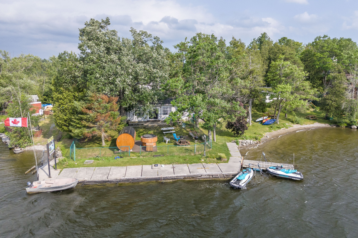 Aerial view of the resort grounds, shoreline and docks