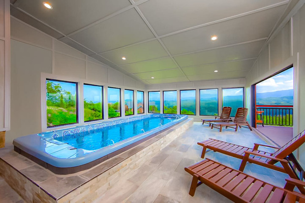 Heated indoor pool spa with premiere mountain views, rain or shine, Splashing at the Bluff