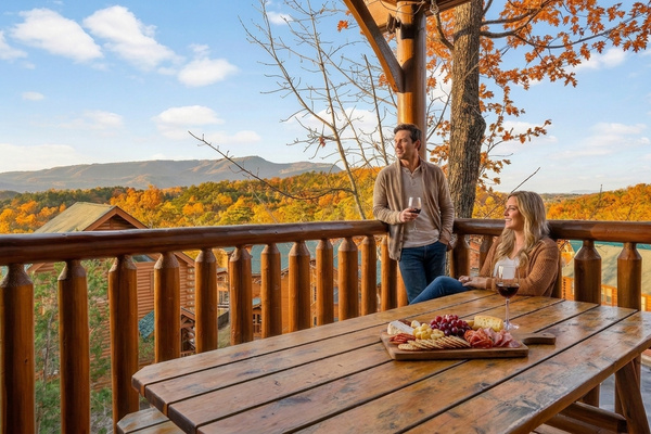 Fall in love with autumn from your covered deck overlooking the Smokies.