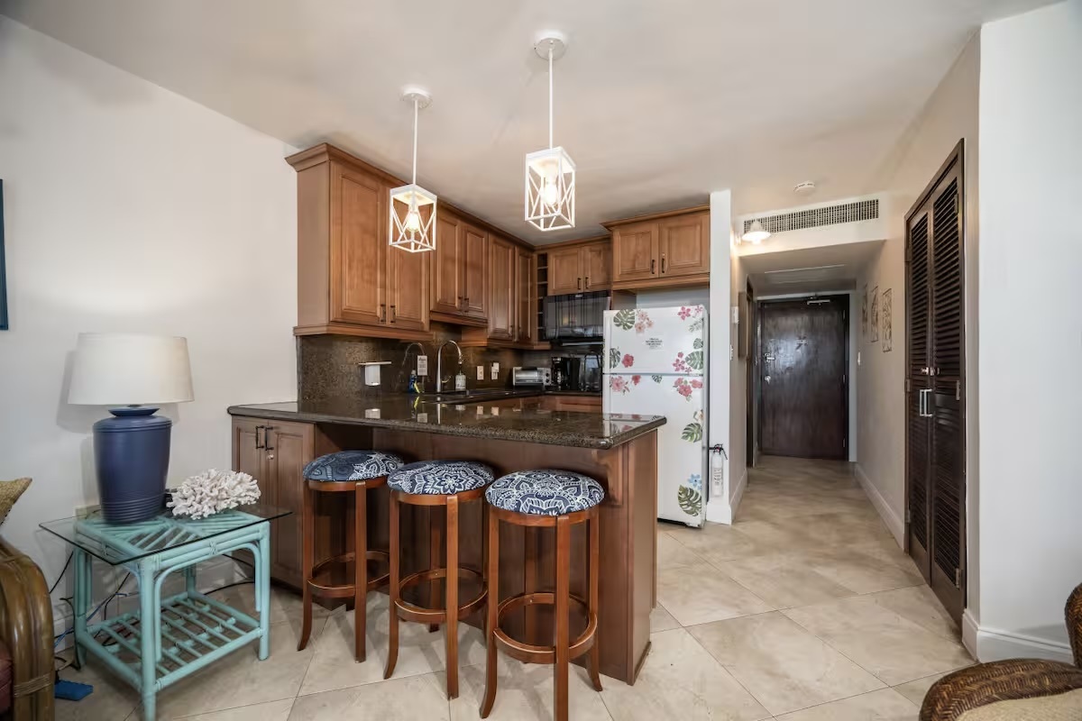 The kitchen is equipped with everything you need to prepare a meal for family.  Don't feel like cooking - you're steps away to multiple restaurant options