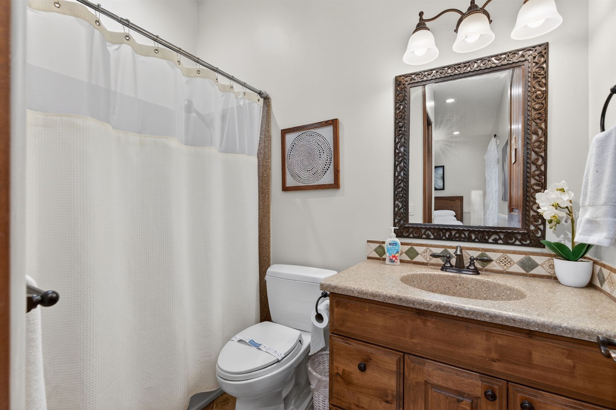 Bright full bathroom with shower and clean modern finishes located on the main level