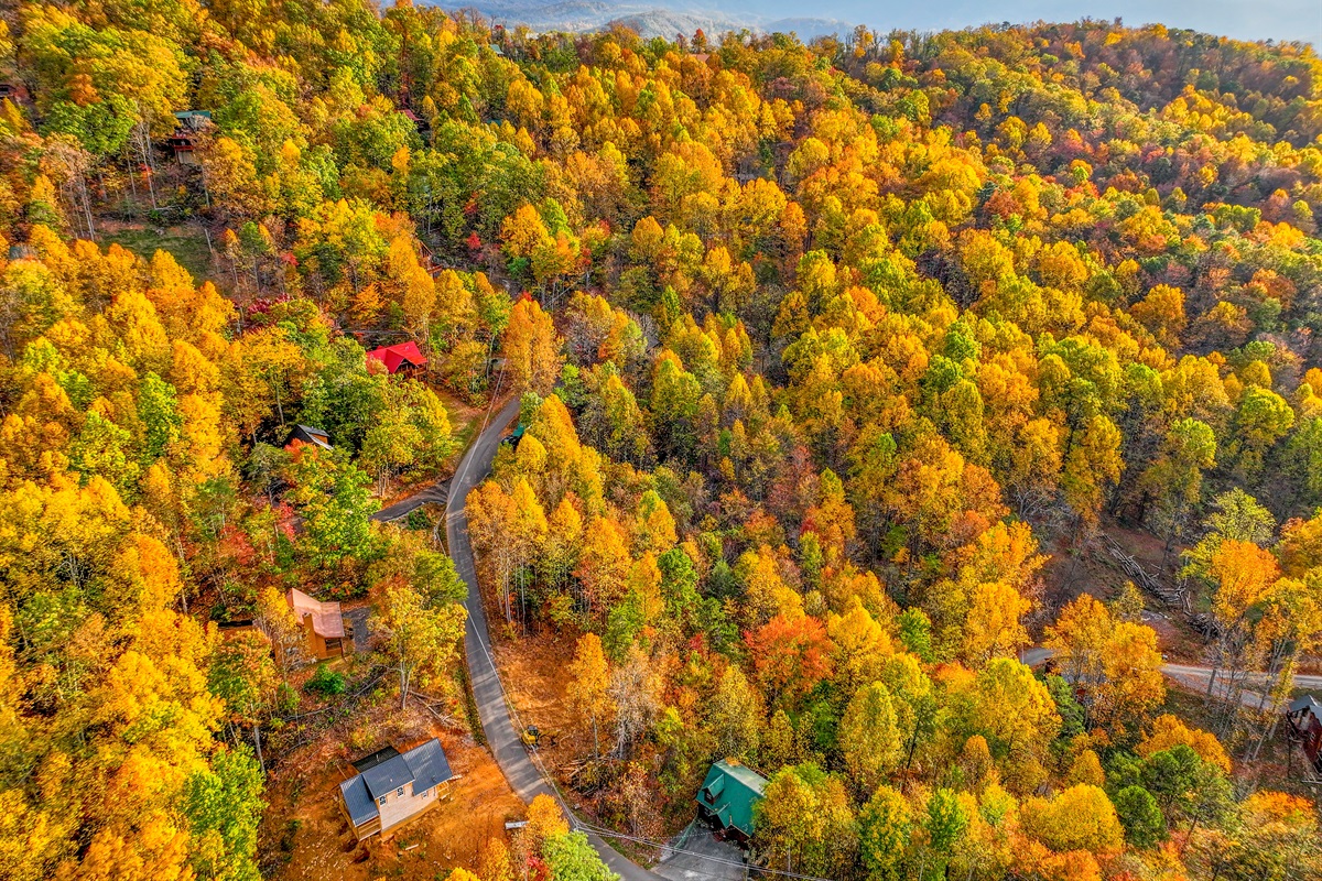 A breathtaking aerial view of a vibrant autumn forest, with golden, orange, and red hues blanketing the hills. Cozy cabins peek through the trees, and distant mountain peaks complete the stunning scene.