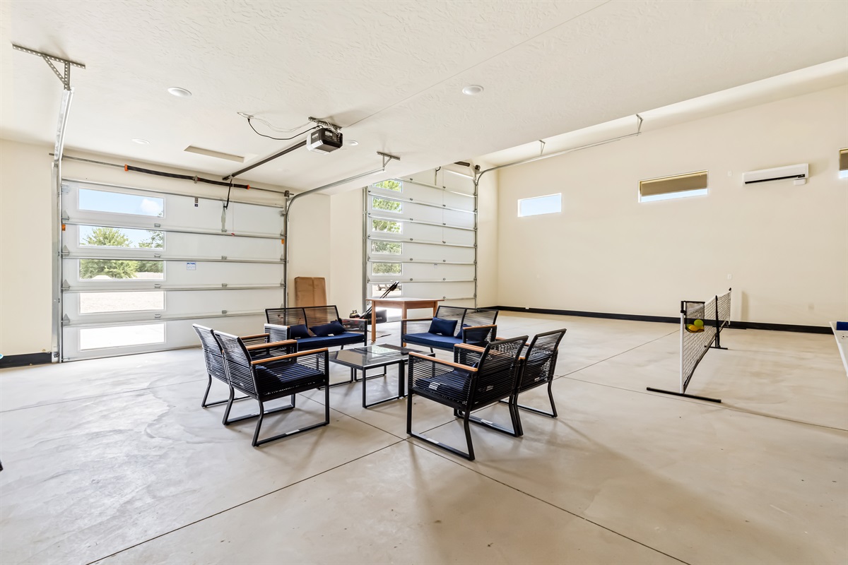 Garage hangout area, Pickleball court