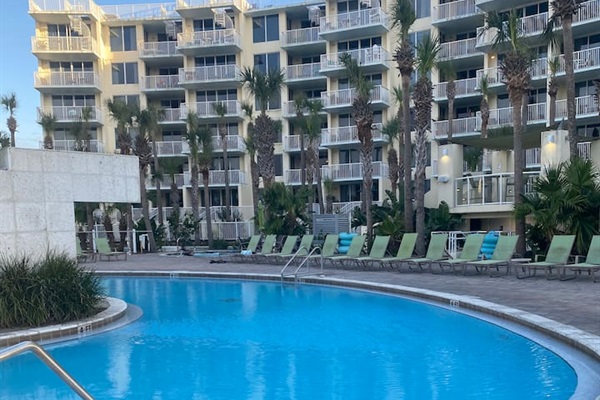 Heated Pool with a water fall on the Bayside 