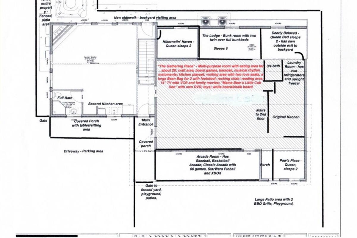 Main floor has 4 bedrooms.  "Deerly Beloved" and "Paw's Place" will be switching each other.  The Laundry area next to Deerly Beloved will become a full, private bathroom for "Paw's Place."  There will  be 4 frigs, 3 laundry areas, 3 food prep areas.