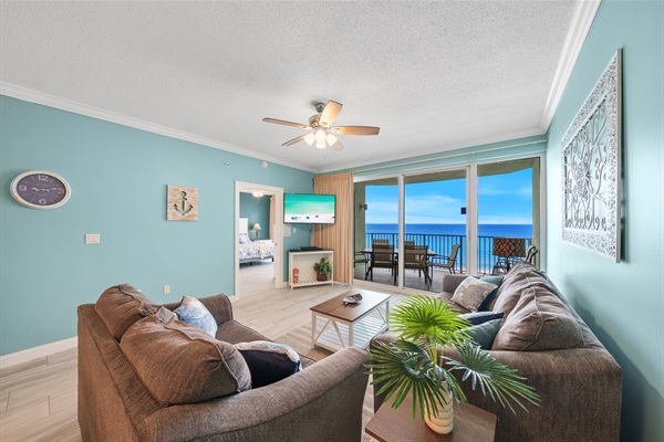 Spacious living room with a queen-bed pullout sofa