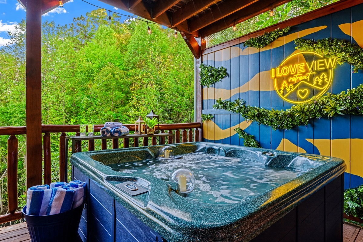 I Love View's Hot Tub. Sippin drinks, hot bubbly water, and the best conversations. Located on the lower patio along with sauna