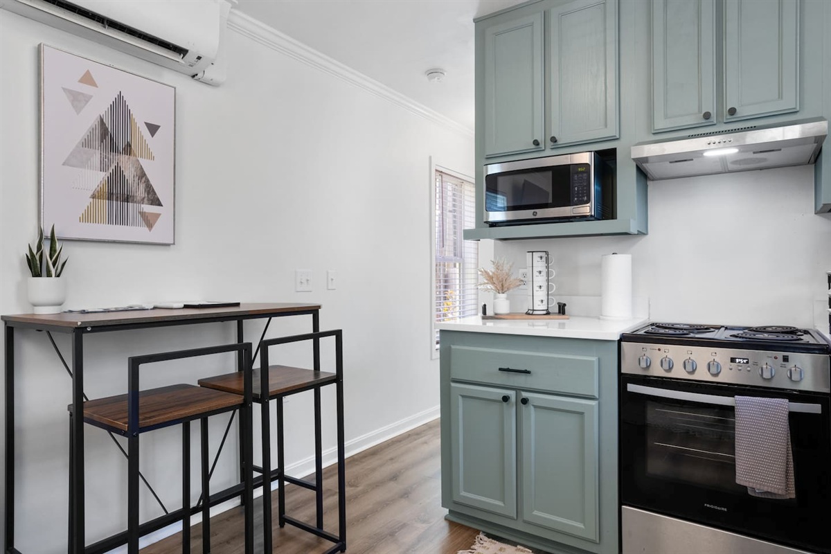 Kitchen and dining table for enjoying morning coffee and breakfast. 