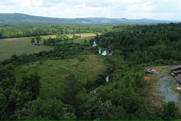 Aerial view following the winding river.