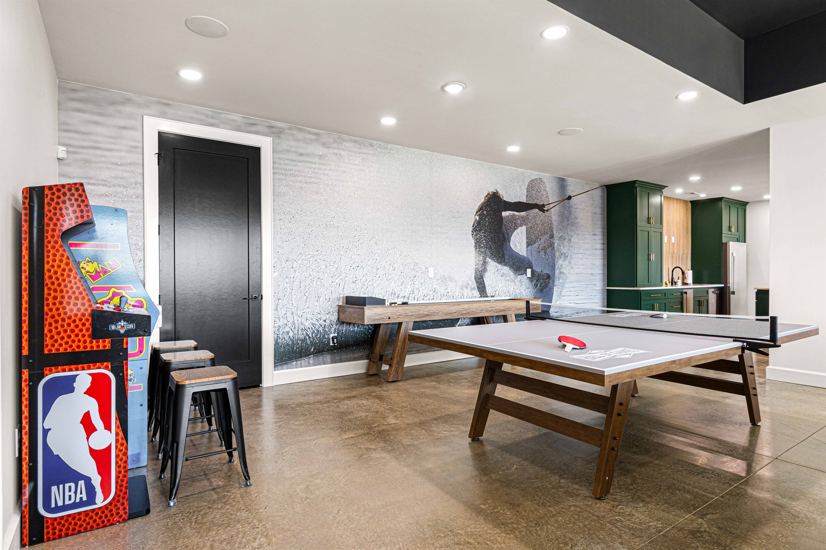 A fun lake mural to tie the space together.