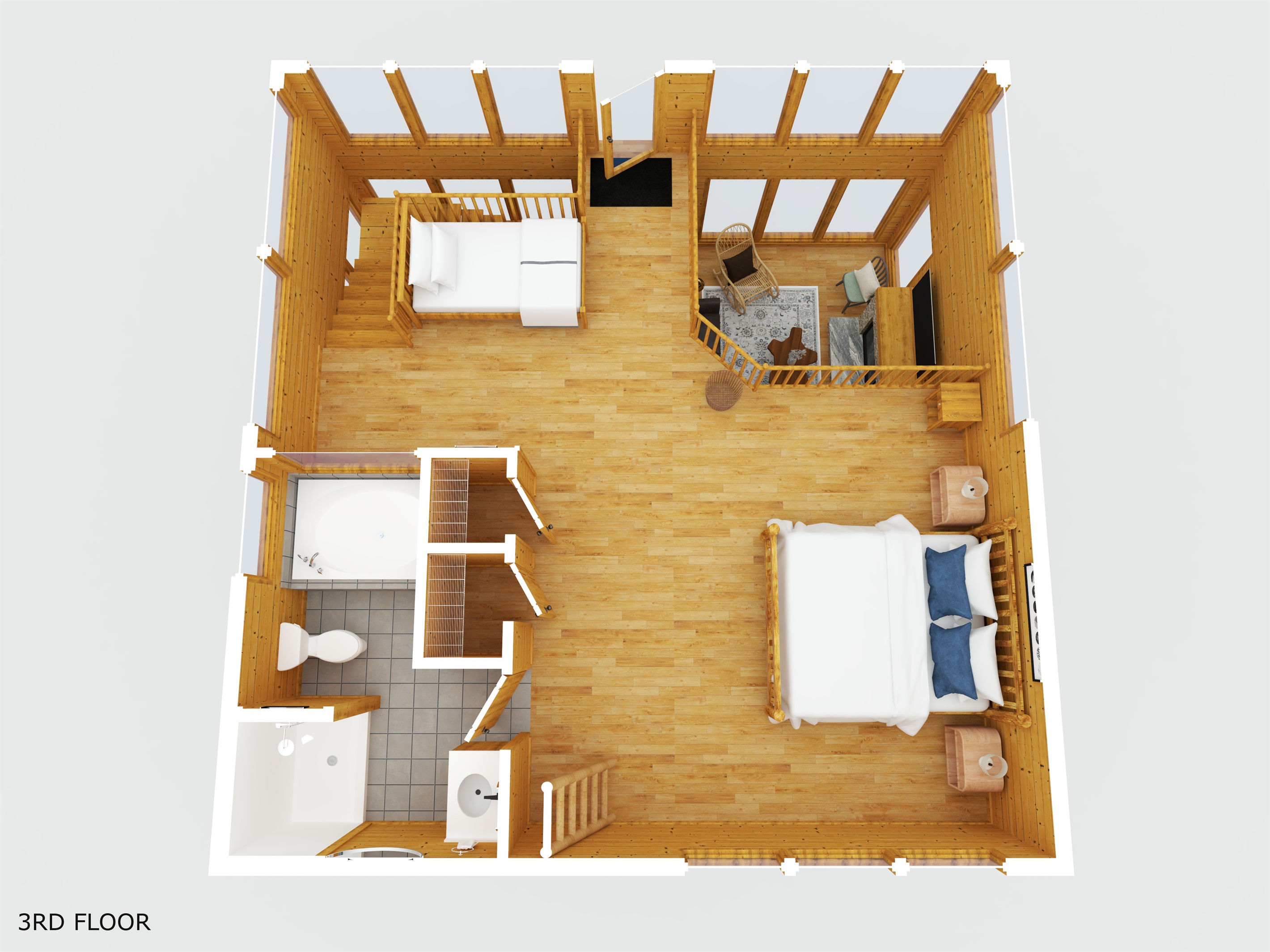 Upper-Level Loft Bedroom with King bed, twin trundle beds, and an ensuite bathroom. 
