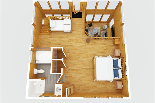 Upper-Level Loft Bedroom with King bed, twin trundle beds, and an ensuite bathroom. 