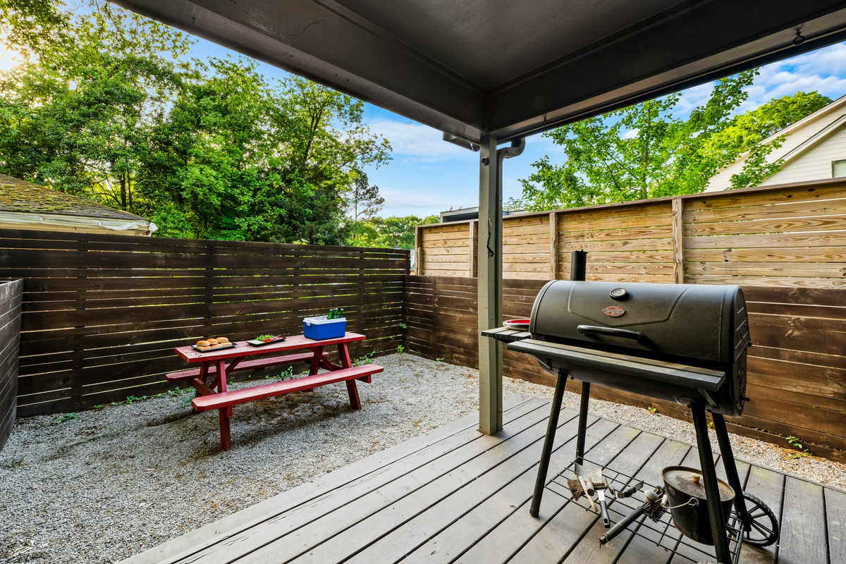 Enjoy your meal outside in our fenced patio area.   Use the charcoal grill to fire up some good food and good conversation.
