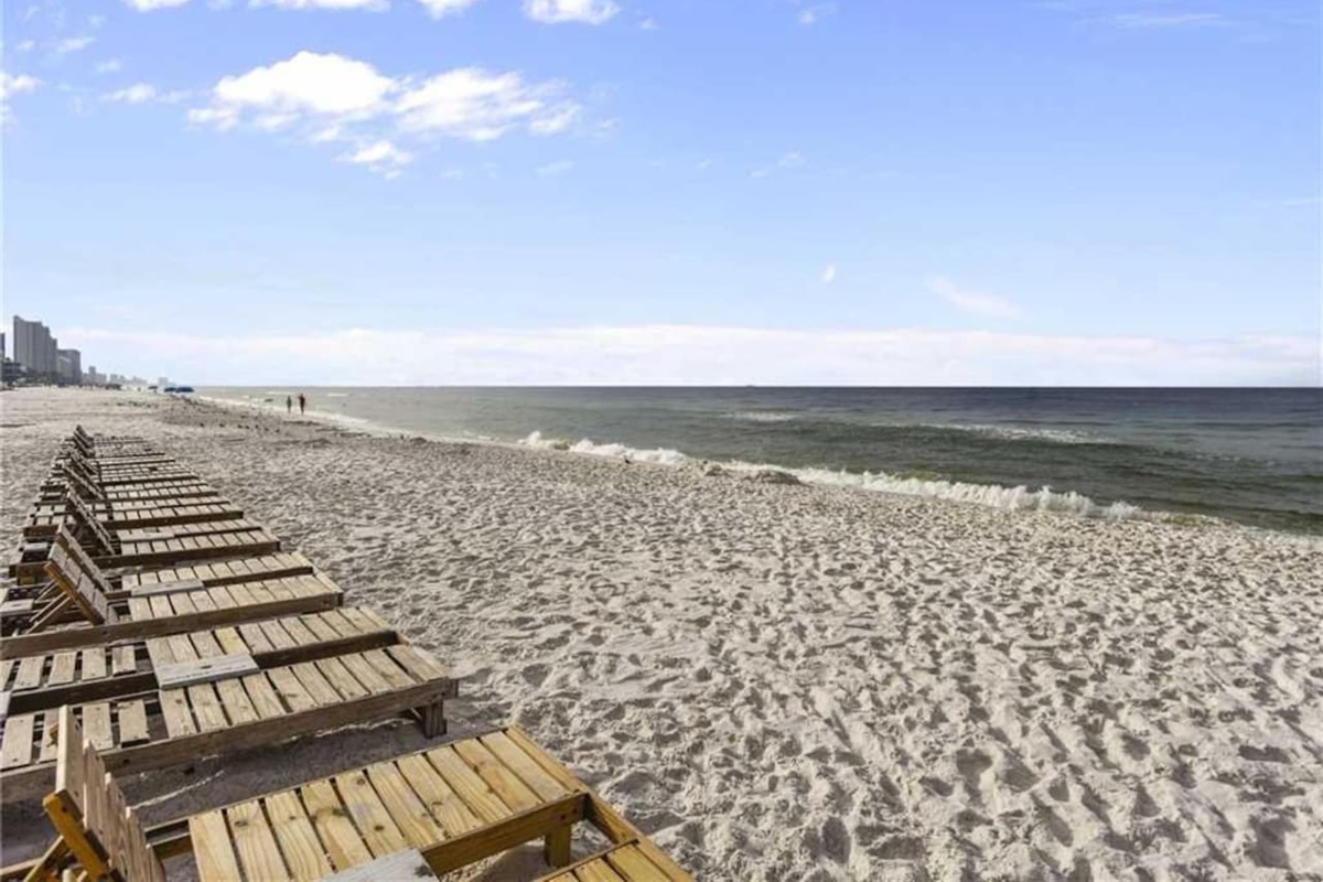 Cushions and umbrellas are available to rent for the beach lounge chairs