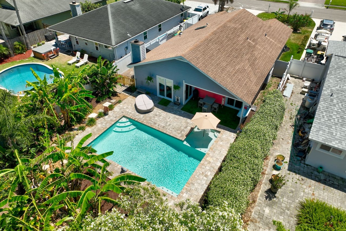 Arial view of the home and pool.