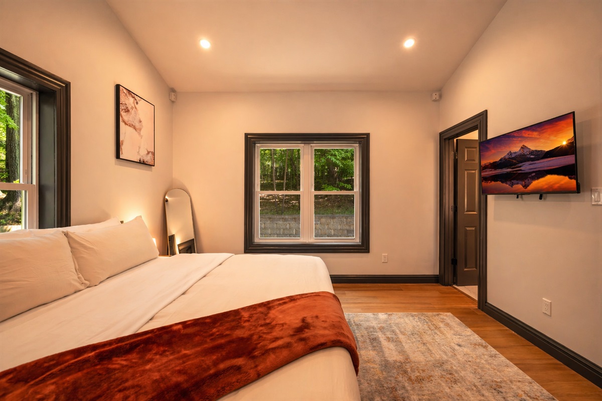 Smart TV, full bathroom, plenty of windows, and vaulted ceilings.