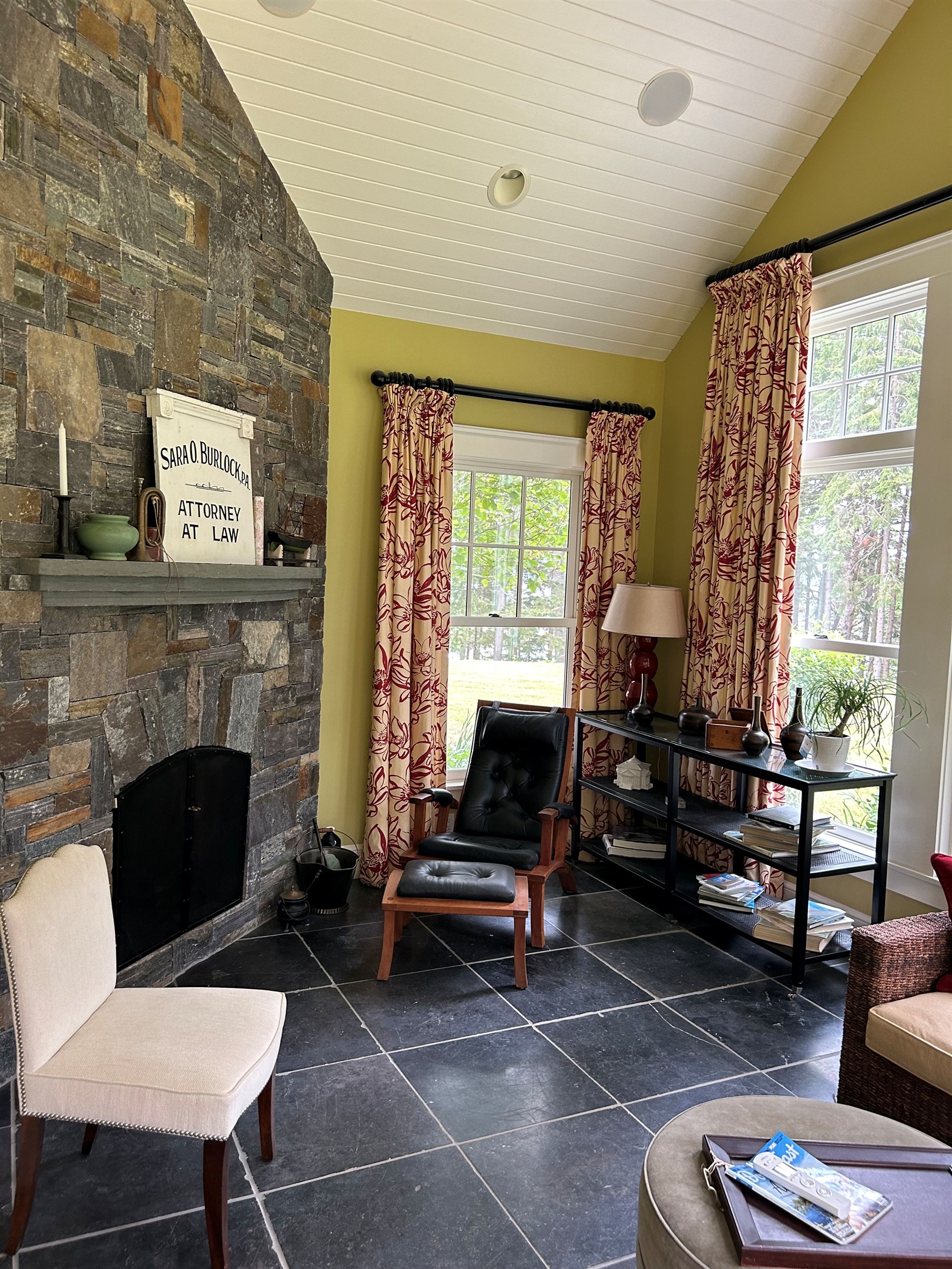Sunroom 1 - Vaulted Ceilings, Wood Burning Fireplace, Entrance to porch deck