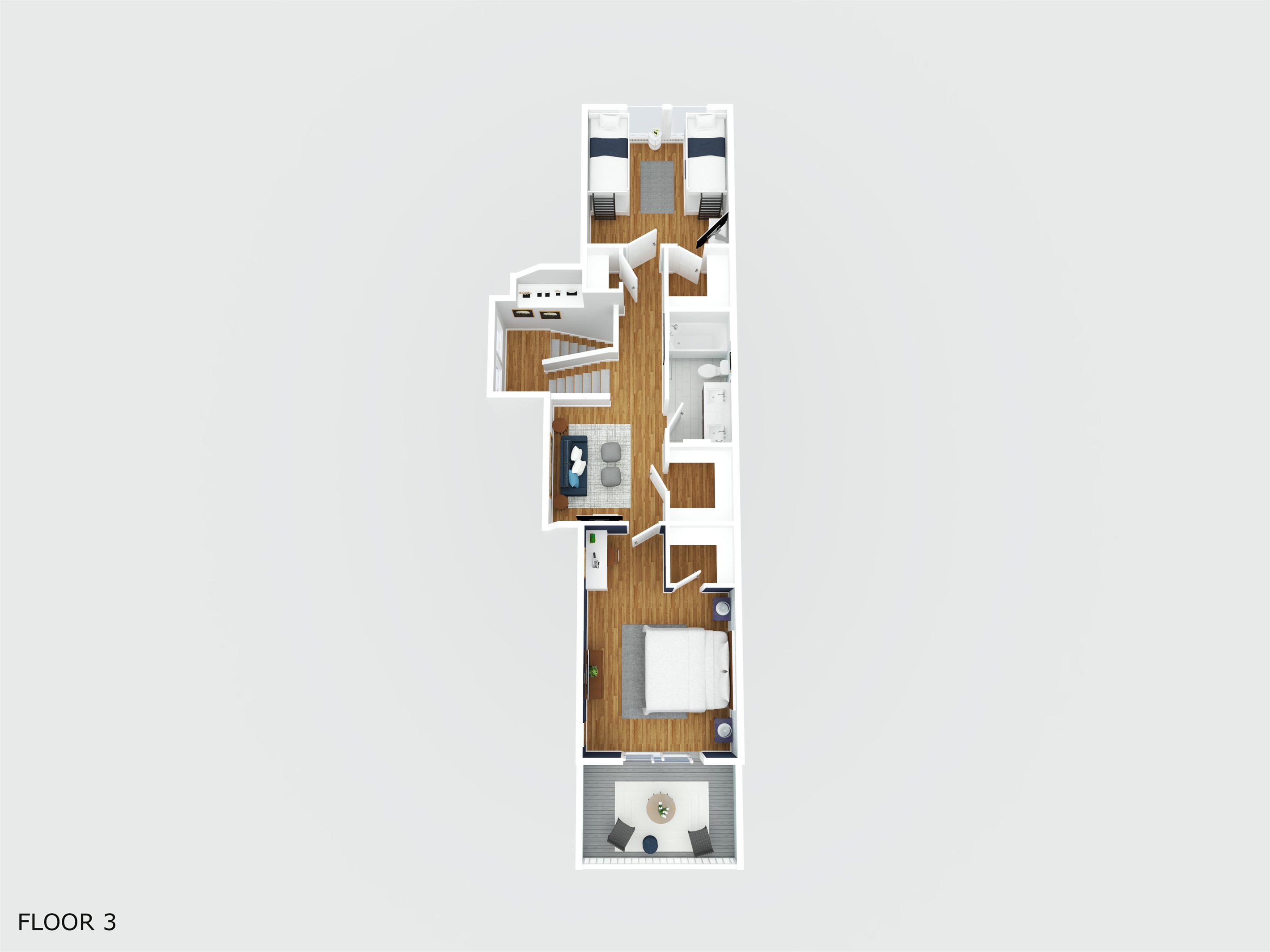 Third floor layout featuring additional bedrooms, including the king suite, bunk room and private balcony.