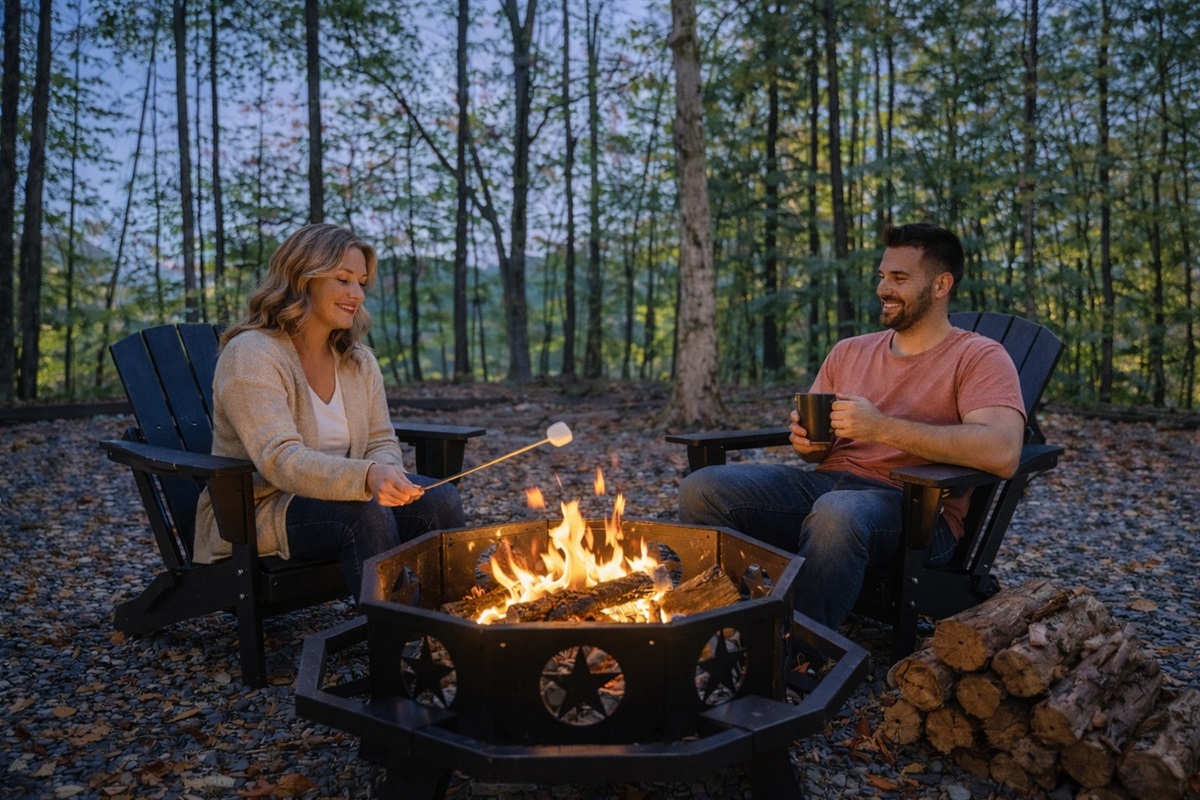 Cozy outdoor firepit in a wooded setting