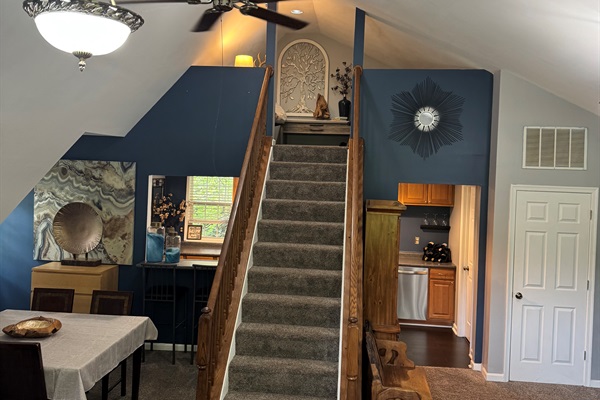 View of the vaulted ceiling in the Great Room looking upstairs to Meditation / Relaxation Loft area.