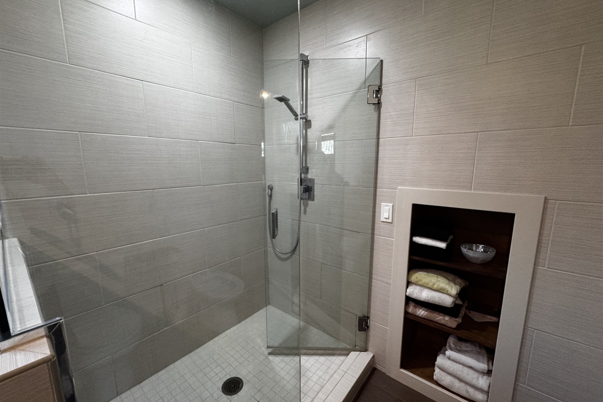 Custom floor-to-ceiling tiled shower in the primary ensuite. This modern glass enclosure features premium fixtures and built-in linen storage, providing a clean, spa-like experience at the heart of the master wing.