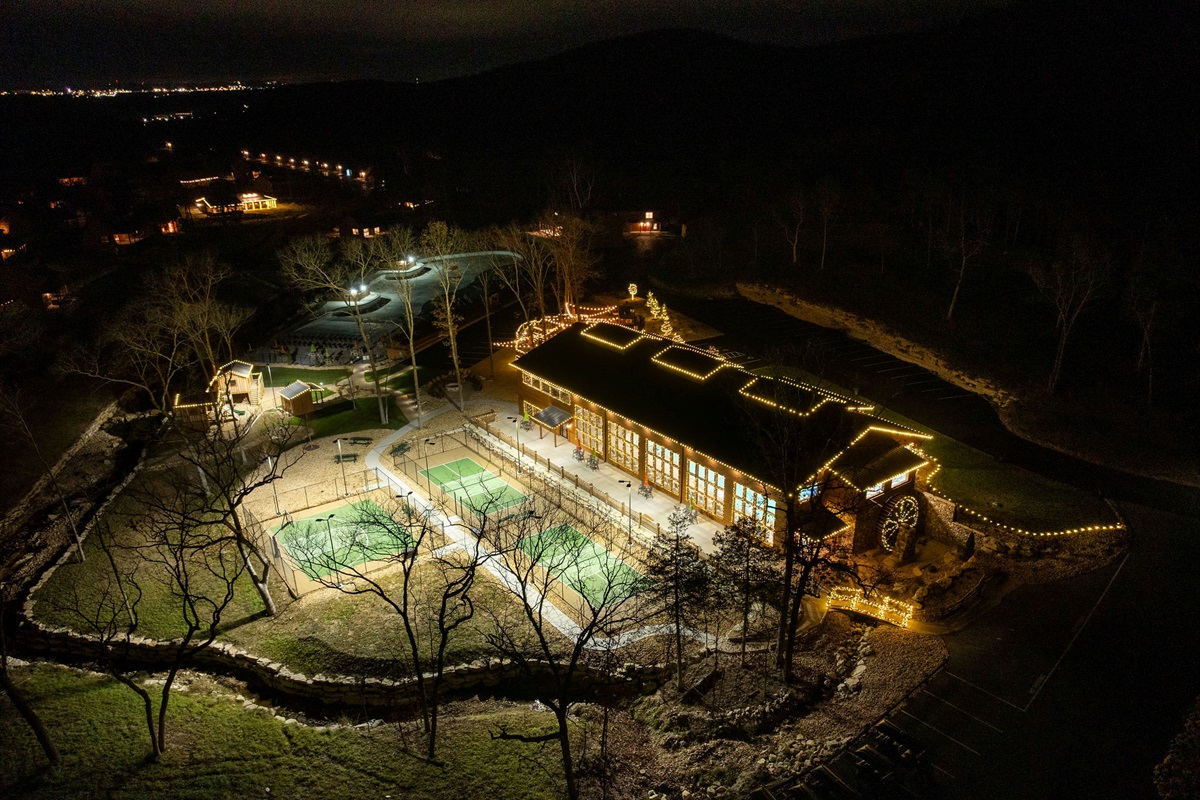 Evening aerial view showing the peaceful setting at night.