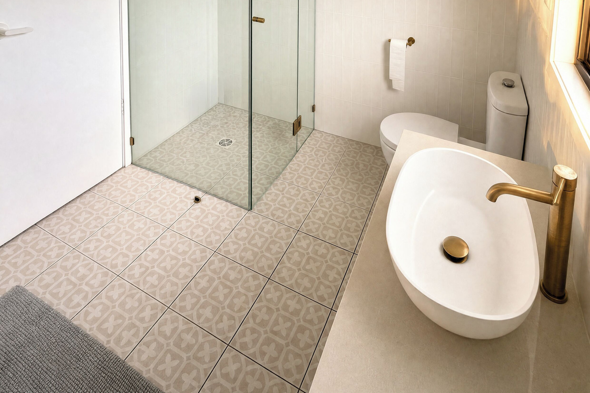 This bathroom at Luna’s Sanctuary features a glass walk-in shower, vanity, toilet and brushed brass fittings for an easy daily routine.