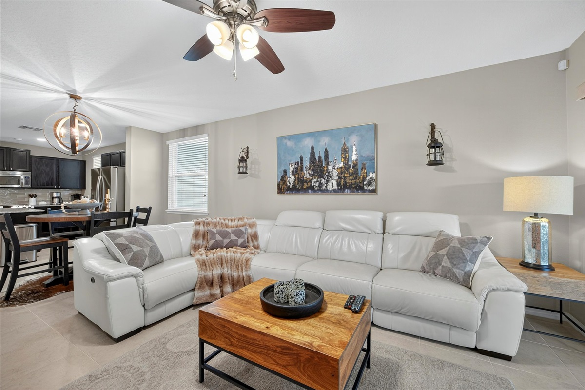 Plush sectional seating and Roku Smart TV — your home away from home.