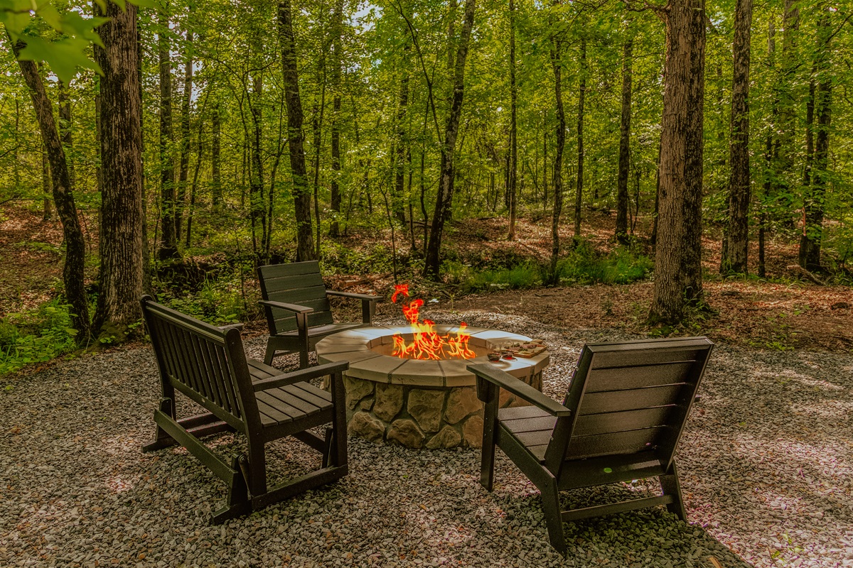 Our new fire pit down by the creek, surrounded by nothing but forest
