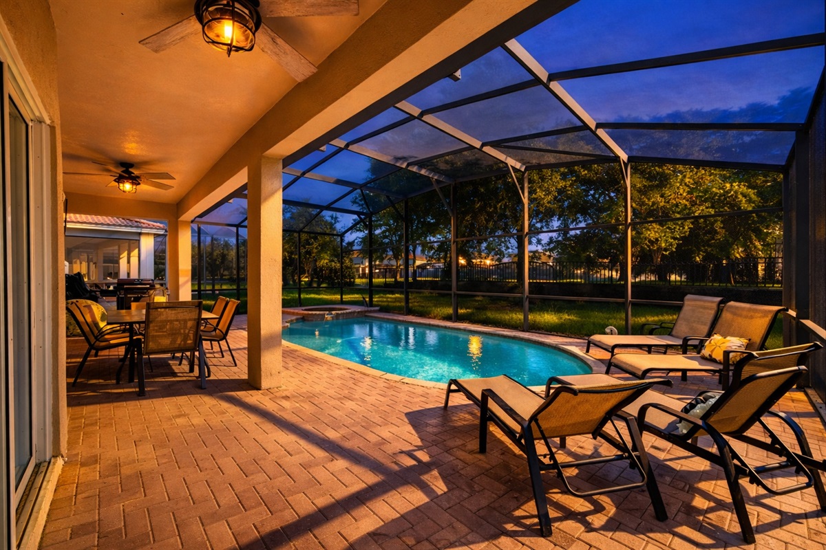 Enjoy our heated pool and jetted spa tub in our covered lanai. Grill up lunch or Dinner in our five burner grill.