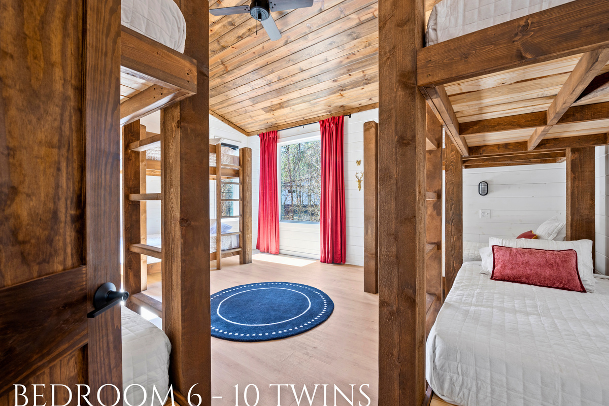 The custom-built bunk room is designed with adventure in mind, making it a favorite spot for kids and teens.