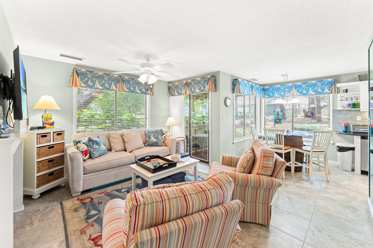 Spacious Living room with Sleeper sofa, Large TV and patio access