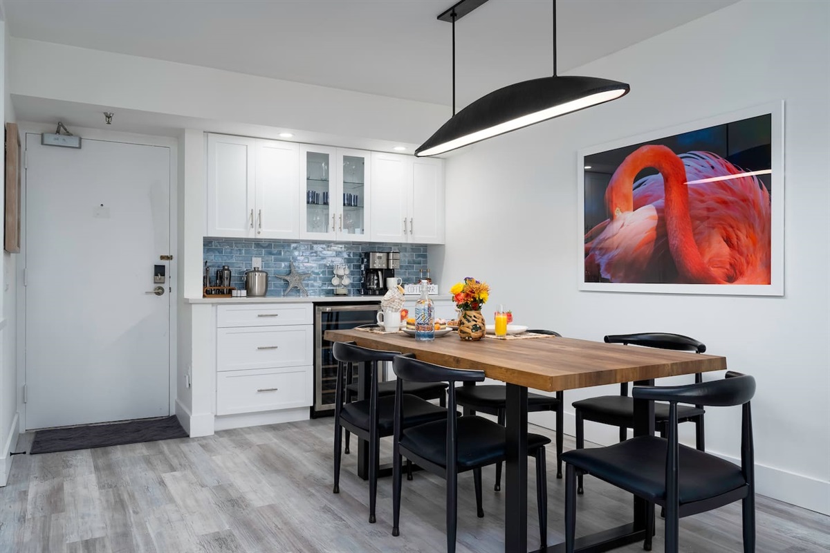 Enjoy the dining table, our wine cooler, make a coffee or make a drink!