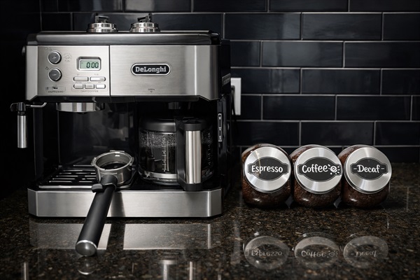 Premium coffee station featuring a De’Longhi espresso machine