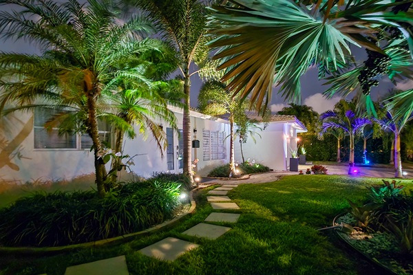 Luxury South Florida landscaping illuminated at night