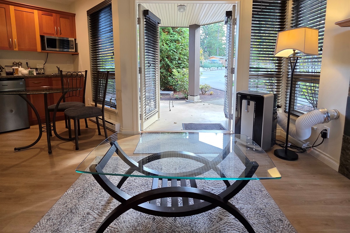 Unit B Modern Kitchenette, Double Doors to Covered Patio. Natural Gas Fireplace. Streaming TV.