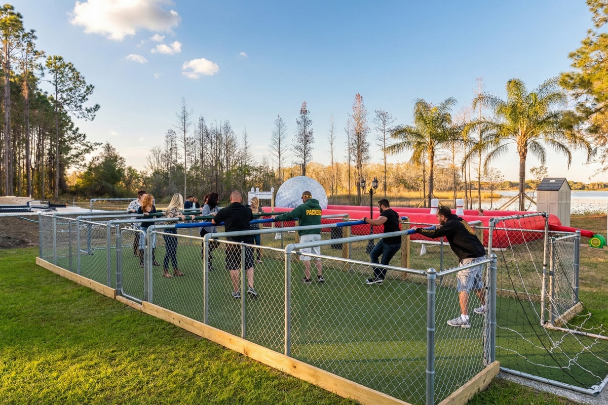Human foosball fun at Orlando lakefront group estate is a great team building option for corporate retreats and professional get aways