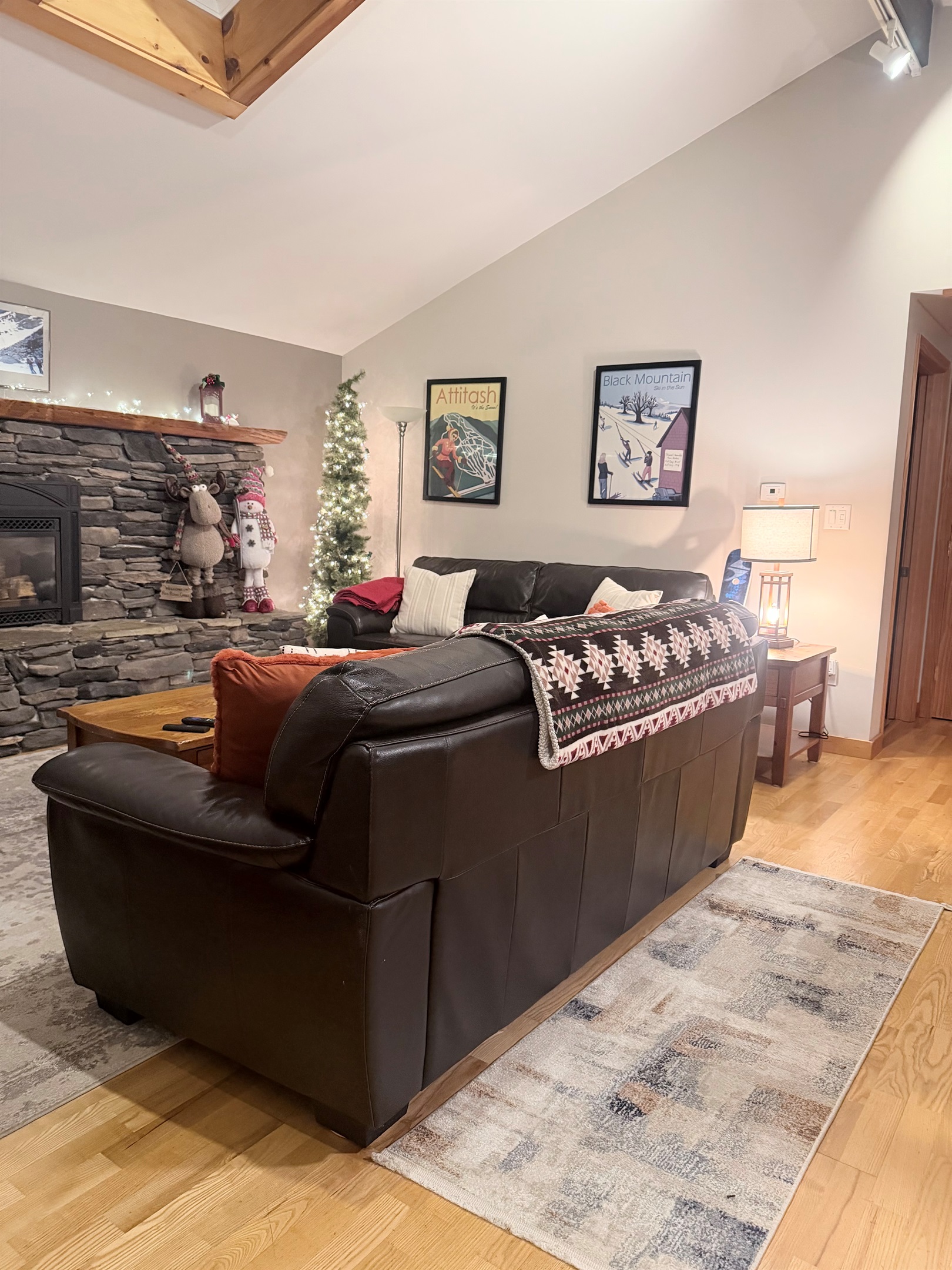 Get comfortable relaxing by the fire and Christmas decor 