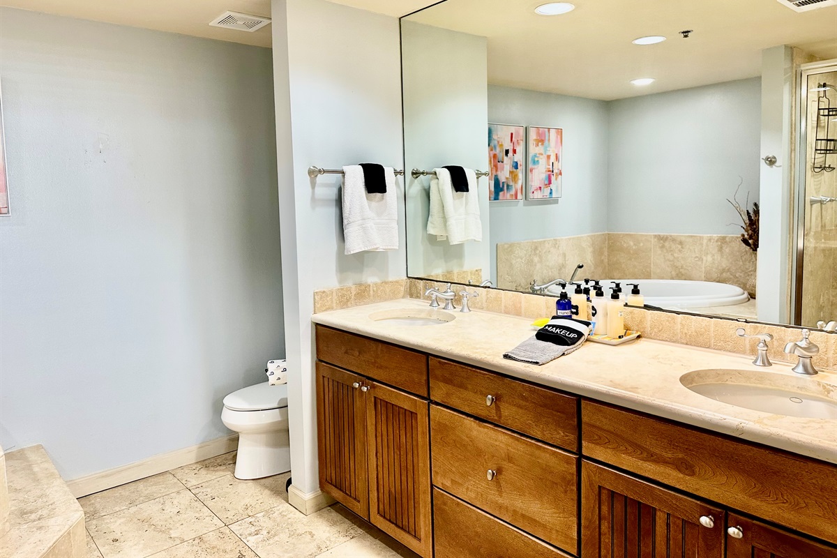 Huge master bathroom with double sinks...