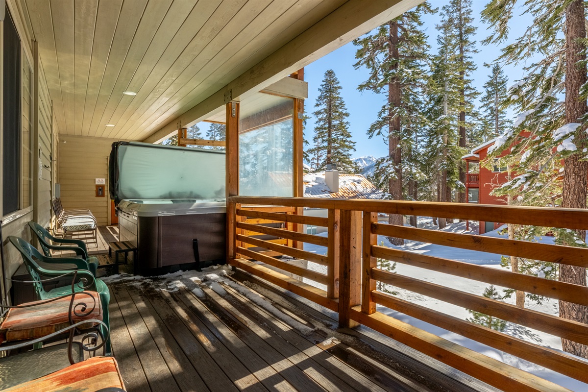 A spacious back balcony shared only between Mammoth Moose and Noble Nest, featuring a private hot tub, sauna access, and peaceful mountain views.