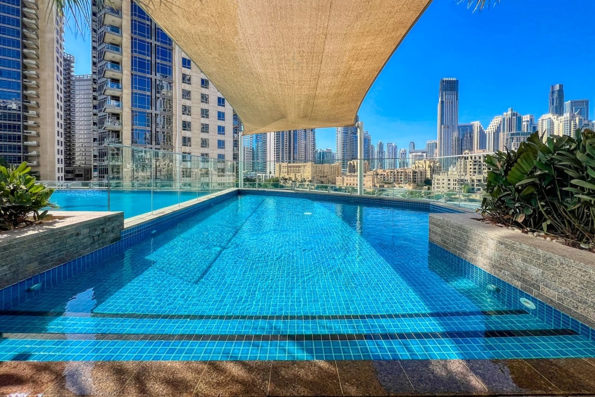 Swimming pool with full Burj Khalifa view