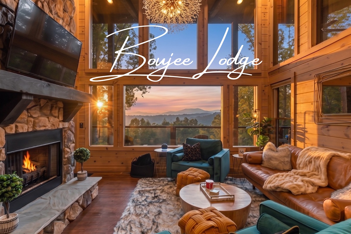Modern mountain glam at Boujee Lodge, framed by panoramic mountain views