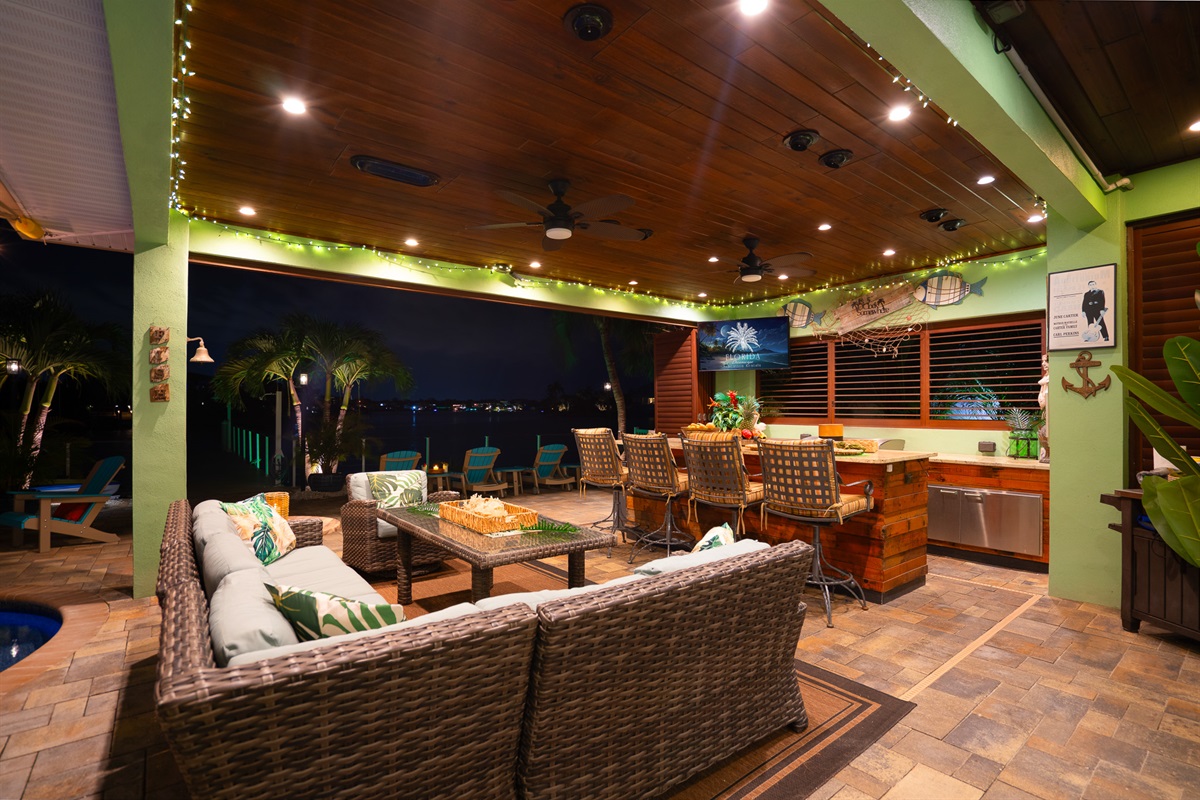 The large lanai is a hit for watching the games while enjoying BBQ or fresh caught seafood.