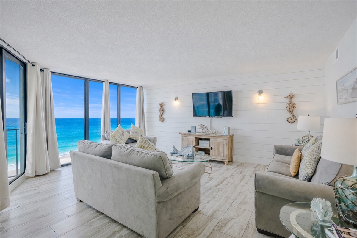 Living area with seating and smart TV