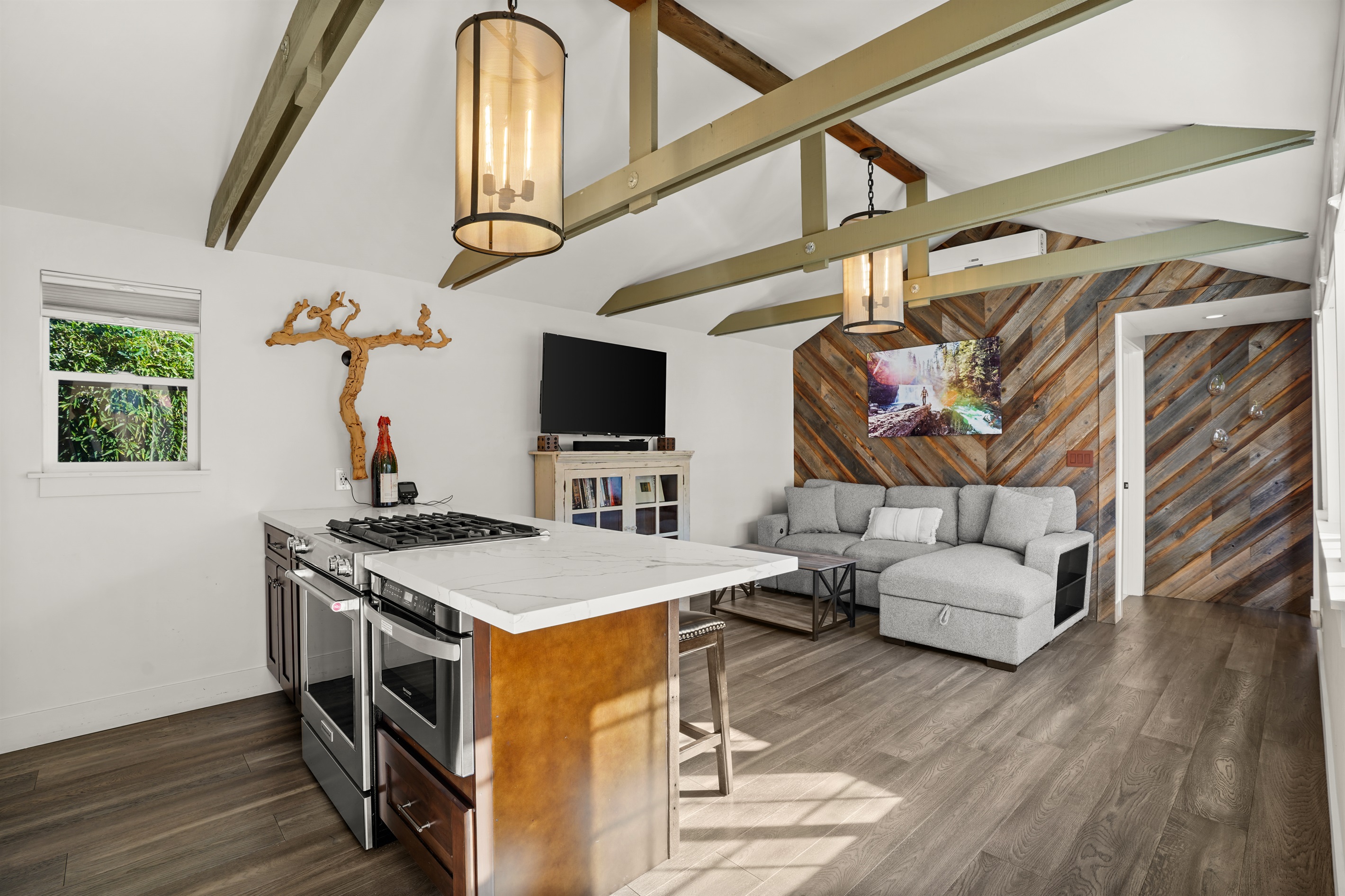 Fully stocked kitchen, smart tv and living room with sleeper couch