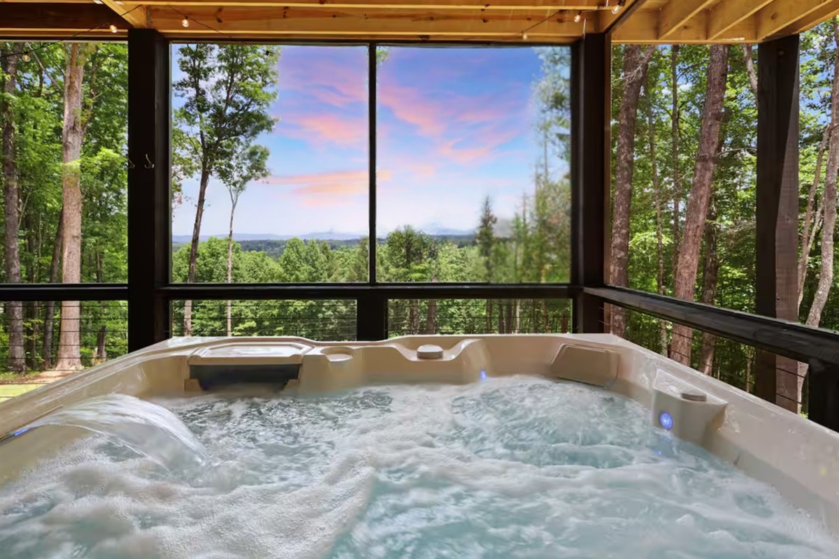Soak your stress away with a view from our 6-person luxe hot tub.