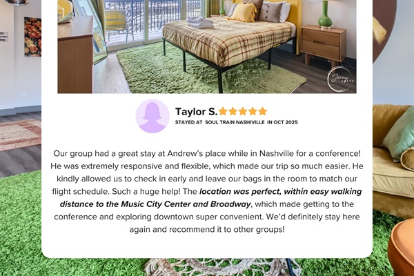 A five-star stay praised for its unbeatable location and exceptional hosting. Guests loved the easy walk to Broadway and Music City Center, plus flexible early check-in and a highly responsive host. A top choice for group stays in Nashville.