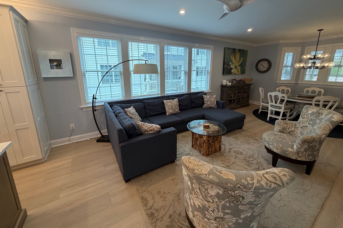 New larger living room after addition, note the additional windows and more space overall.